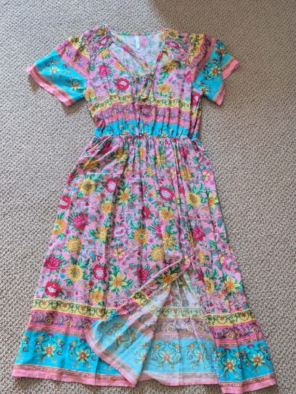 Colorful Floral Boho Maxi Dress With Smocking V Neck And Tie L - Picture 6 of 9